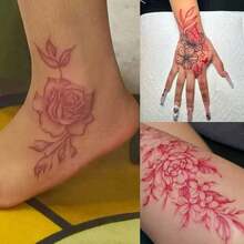 Chinese Style Red Floral Temporary Tattoo Sticker, Water-Washable, Disposable, Waterproof, Sweat-Proof, Non-Reflective, Suitable For Arms And Back, Realistic Tattoo Design, Lasts 3-5 Days, Perfect For Fashion-Forward Users - Multicolor - View 6