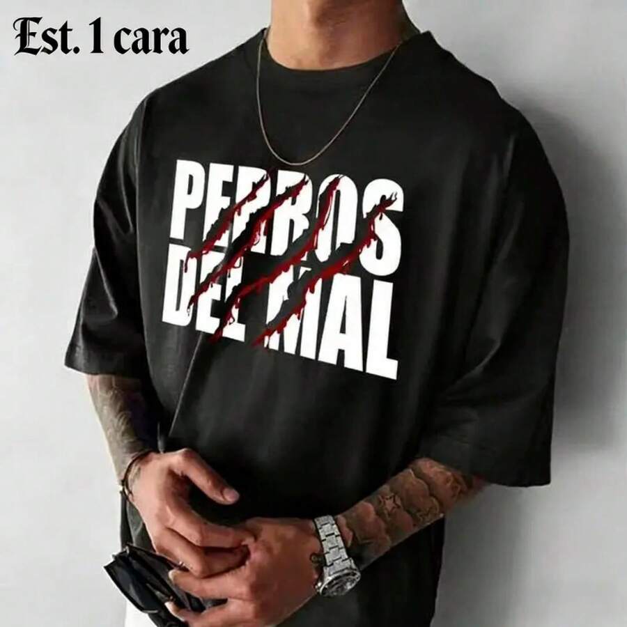 S-3XL Men's Wrestling Theme T-Shirt With Devil Dog Group Print, A194 Casual Summer T-Shirt, Crew Neck - 薑色 - 查看 1