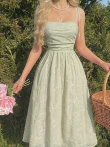 Vestido midi con volantes bordados en rosa - Verde - Ver 5