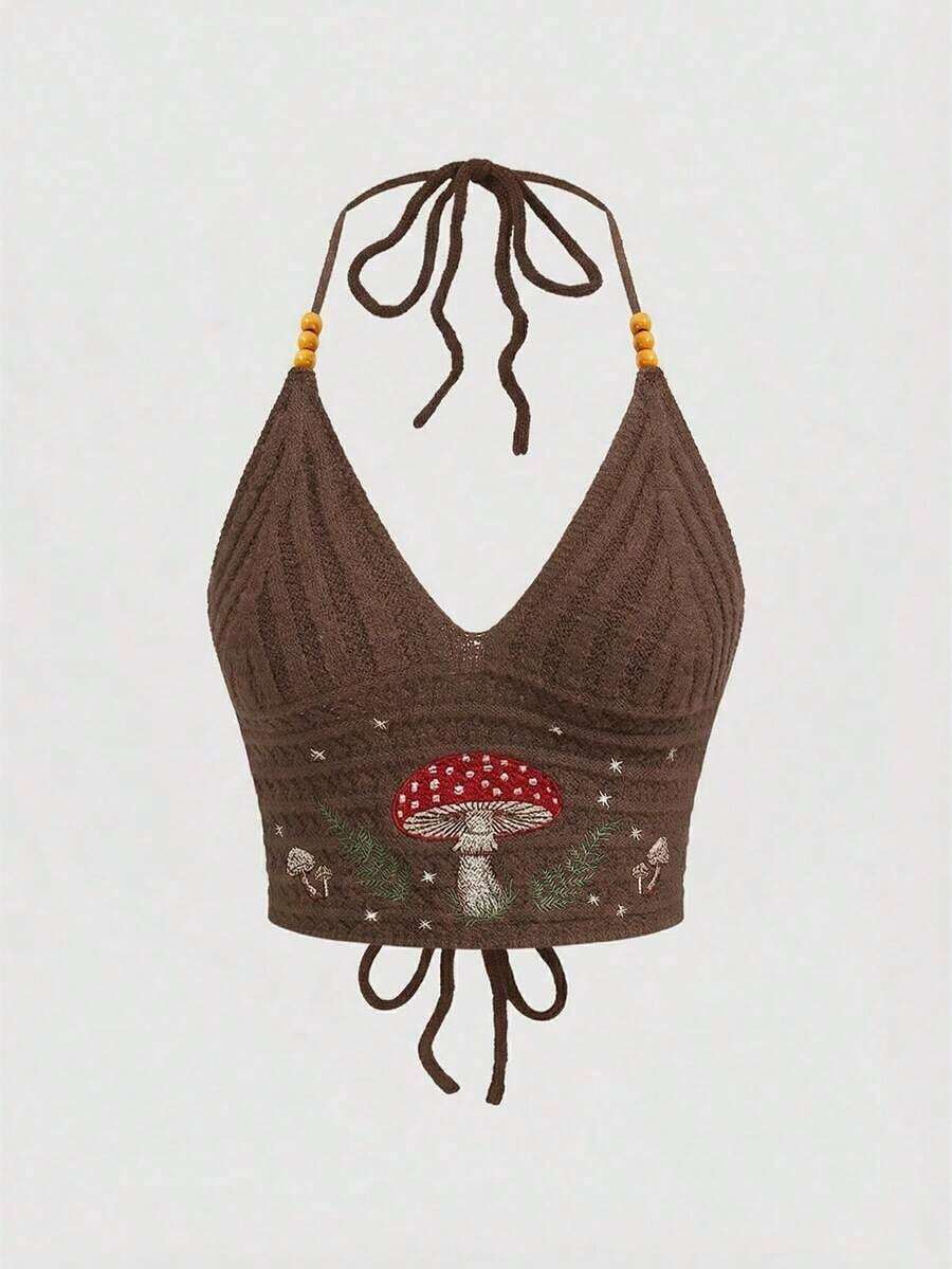 Suéter de Punto para Mujer ROMWE, Estilo Campestre, Primavera/Verano, Playa, Hippie, Vacaciones, con Bordado de Plantas y Cuentas - Café integral - Ver 1