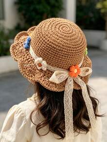 1pc Girls' Straw Beach Hat, Summer Seaside Sun Protection Wide Brim Vacation Sunhat, Random Flower Color - Khaki - View 1