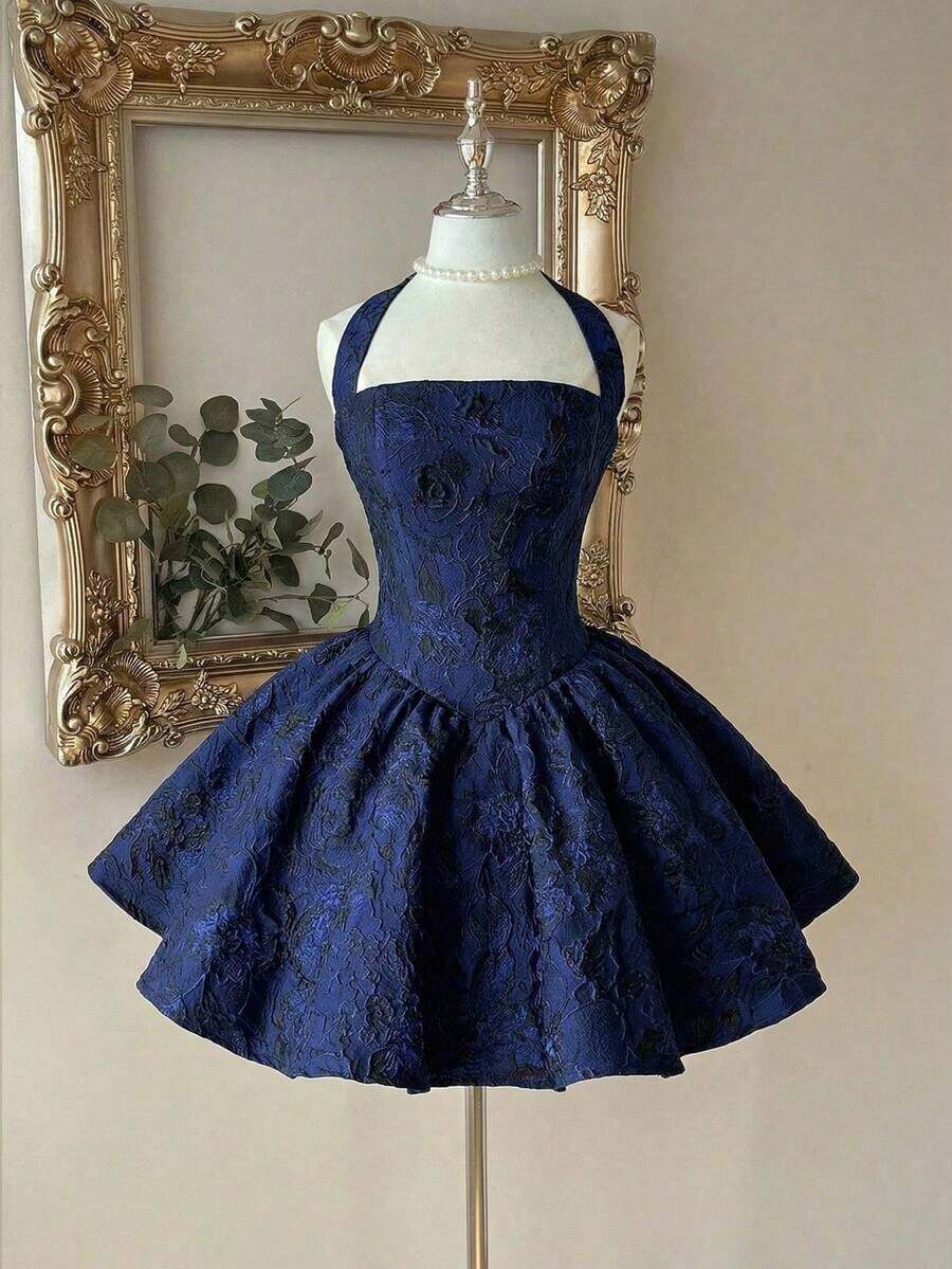 Lovelzi Vestido elegante, romántico y de moda de tela jacquard burdeos con escote halter, espalda descubierta y manga larga en corte evasé, adecuado para ceremonia de graduación, apertura de escuela, festival de música, fiesta de cumpleaños, boda, té de la tarde, baile de graduación