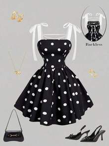 MOD Vestido rosa romántico con espalda descubierta y lazo, adecuado para citas, fiestas, vacaciones, meriendas de té y ocasiones de cumpleaños - Negro - Ver 4