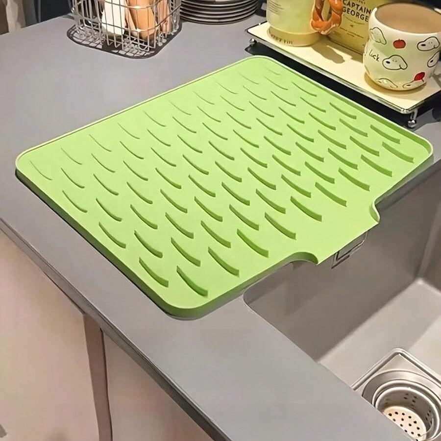 1 pieza Alfombrilla de secado de platos de silicona antideslizante, drenaje rápido para vajilla, con diseño de patrón de drenaje hueco con muesca de drenaje, adecuada para entusiastas del almacenamiento de cocina, limpieza de vajilla, secado y colocación de vajilla después de la comida, control y drenaje de agua de tazas/ollas/juegos de té, protección de agua de la encimera del fregadero