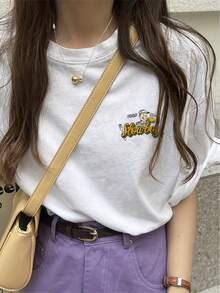 American Cartoon Print T-Shirt Made From 100% Cotton, Relaxed Summer Style, Crew Neck, Short Sleeves, Retro Graphic, Oversized Fit, Playful And Cute, Versatile, Classic - White - View 2