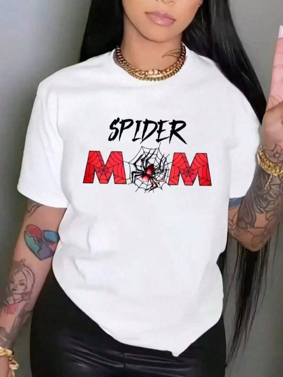 Fashionable Women's Spider Print T-Shirt, A New T-Shirt With A Creative Spider Design, American And Hong Kong Style, With A Fun Green Creature Dressed In Red Christmas Clothes And Hat, Surrounded By Festive Decorations, Printed On A Casual Short Sleeve Round Neck T-Shirt For Women, Modern, With Lettering, Loose Fit, Suitable For Couples. - 白色 2 - 查看 1