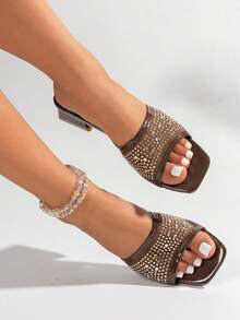 NANBEI ZUO Sandalias de tacón grueso con punta cuadrada y malla de strass para mujer, zapatillas de verano de tacón bajo con cierre deslizante en color marrón oscuro - marrón oscuro - Ver 8