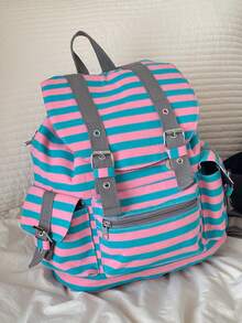 1 pieza Mochila a rayas de gran capacidad y bolsillosúltiples, de estilo minimalista - Multicolor - Ver 10