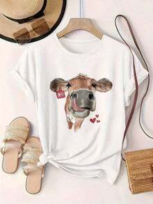 Camiseta Casual de Mujer con Estampado de Cara de Vaca, Etiqueta Xo y Corazones, Adecuada para Todas las Temporadas, Elegante y de Talla Grande - Blanco - Ver 2