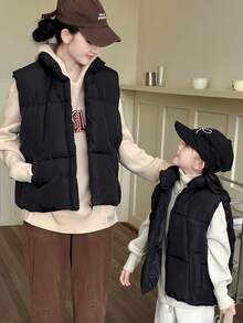 1pc Tween Girl Solid Color Zipper Front Vest Winter Coat, Suitable For Outdoor Play And Home Wear In Autumn/Winter - Black - View 3