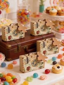 50pcs Creative Suitcase Gift Boxes, Vintage Paper Airplane Candy Boxes, Postmark Stamps, Party Decor Packaging Gift Boxes, Birthday Baking Gift Boxes, Simple Home Gift Boxes - Apricot - View 3