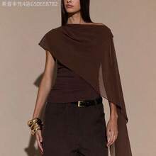 Fengyu Women's Clothing Store  Blusa de punto con cuello anudado y hombro asimétrico, suéter elegante y ajustado, otoño/invierno - Rojo - Ver 4