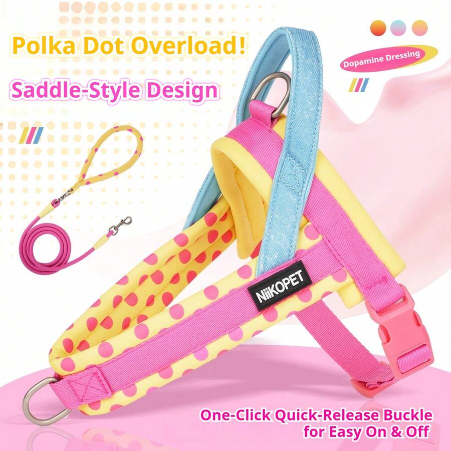 NiiKOPET Dopamine Style Dog Harness - Rompi Pelana Polkadot Kuning Cerah dan Merah Muda, Harness dan Tali Anti-Tarik Anti-Lepas Reflektif, Cocok untuk Anjing Kecil hingga Sedang yang Aktif - Hot Pink - View 1