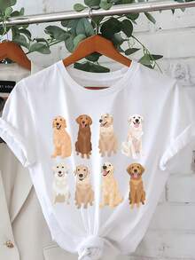 Camiseta de Mujer con Estampado de Golden Retriever - 6 Perros Adorables en Dibujos Animados, Manga Corta y Cuello Redondo Casual para Verano y Primavera, Tejido Ligero y Lavable a Máquina, Camisa Duradera - Blanco - Ver 1
