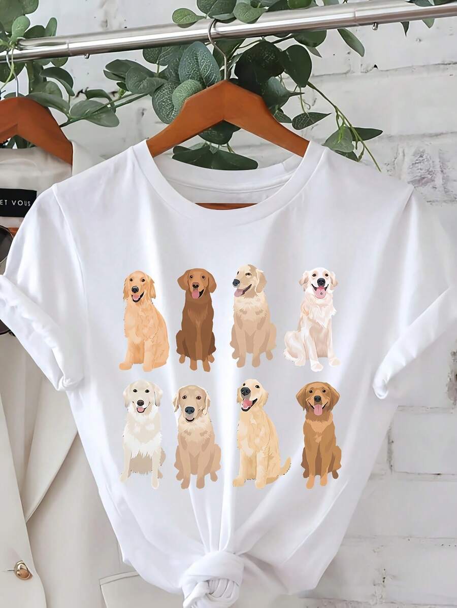 Camiseta de Mujer con Estampado de Golden Retriever - 6 Perros Adorables en Dibujos Animados, Manga Corta y Cuello Redondo Casual para Verano y Primavera, Tejido Ligero y Lavable a Máquina, Camisa Duradera - Blanco - Ver 1