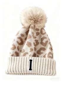 1 chiếc mũ len beanie nữ họa tiết da báo chữ A-Z thời trang, mũ len dệt dày lông xù phong cách casual cho mùa thu đông - Nhiều màu - Xem 35