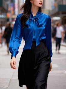 Camisa casual de manga larga de satén blanco elegante para mujer, blusa versátil y elegante con detalle de cuello con lazo, unicolor adecuado para todas las estaciones, lavable a máquina y n - Azul - Ver 2