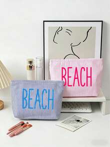 彩色「BEACH」圖案印花肩背包組合，條紋手提包、托特包組合，展現獨特風格，個性化字母條紋肩背包，純色拉鍊帆布包，大容量休閒包，多色肩帶，適合旅行、學生肩背包 - 彩色 - 查看 5