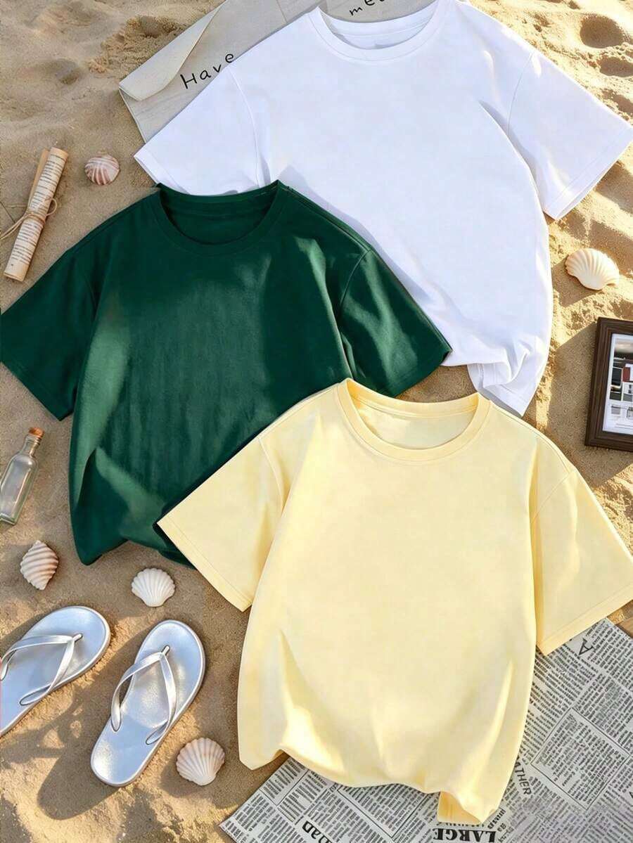 Set Of 3 Minimalist And Casual Summer Short-Sleeved Crew Neck T-Shirts, Versatile And Fashionable Tops For Women - Multicolor 2 - View 1