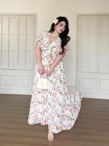 Vibekara Vestido corto con volantes de manga corta para vacaciones - Albaricoque - Ver 3