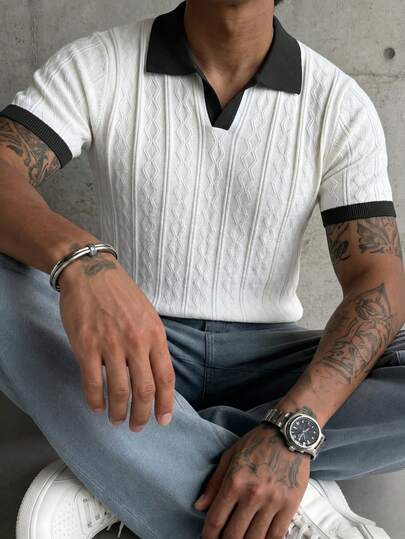  GRDR Men's Lightweight Seagull Collar Solid Color Short Sleeve Knit Sweater, Suitable For Summer Outings, Essential For Fashionable Styling