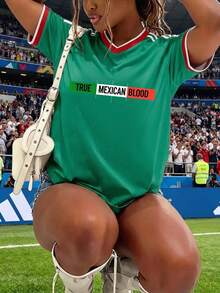 Women's Loose-Fitting T-Shirt, Printed With The Colors Of The Mexican National  And Flag, Perfect For Supporting The National Team. Comfortably Soft For Everyday Wear. 100% Cotton, 220 Gsm. Fashionable Everyday Essentials And Holiday Gifts, Unisex. - 綠色3 - 查看 4