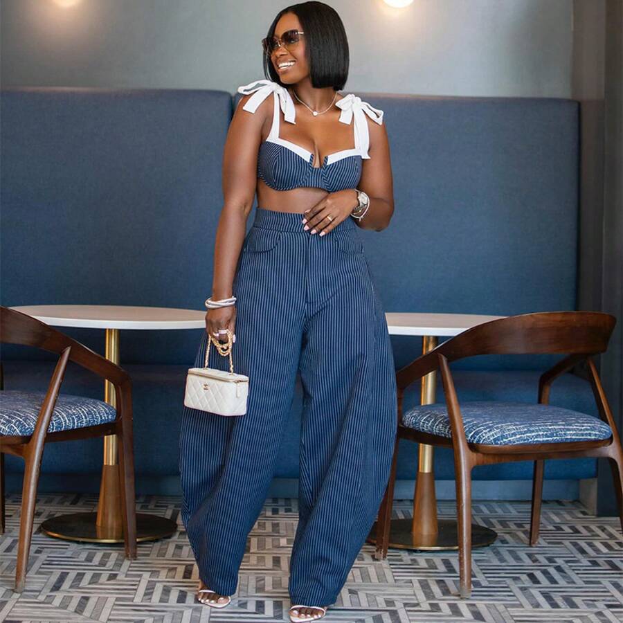 Women's 2026 Summer New Fashion Sexy Spliced Strap Waist-Revealing Wide-Leg Pants Set Summer Outfits For Women Jeans - 藍色 - 查看 1