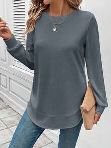 Waffle Knit Tunic Top For Women, Crew Neck Long Sleeve Blouse  Loose Fit Double-Layer Hem Blouse For Daily, Work & Lounge  Relaxed Fit Long Sleeve Shirt For Jeans & Leggings Casual Waffle Knit Tunic Blouse Waffle Knit Crew Neck Long Sleeve Tunic Top - 灰色 - 查看 3