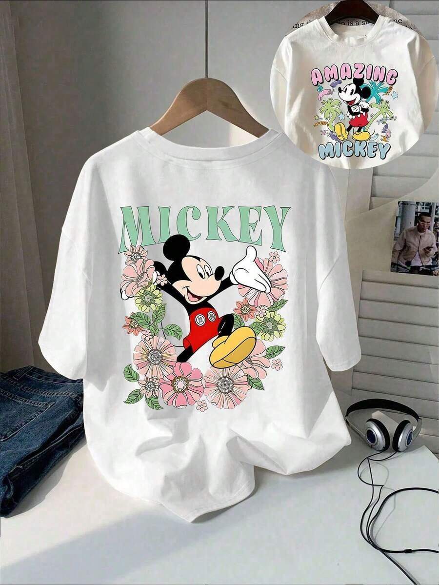 (Loose Version) Women's Casual Cotton Mickey Mouse Floral Print Short Sleeve Round Neck T-Shirt, Regular Fit Top In White, Medium Stretch Fabric, Disney-The Graphic Tee, Ladies' Clothing. - trắng - Xem 1