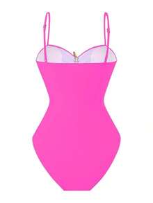 Traje de baño de una pieza con volantes y decoración de estrella de mar calada, con falda larga atada para mujer, para vacaciones de verano en la playa - Rosa - Ver 4