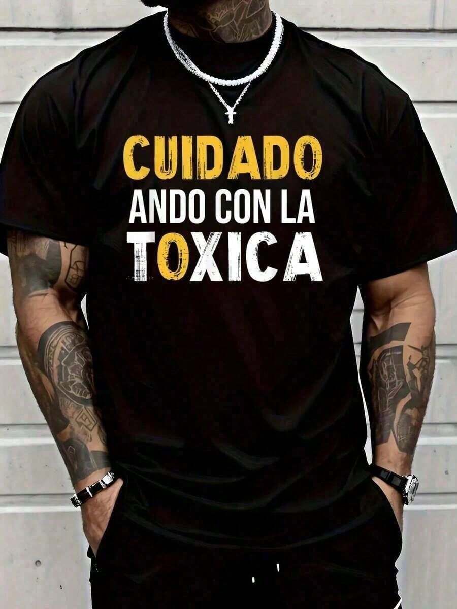 Matching T-Shirt For Couples With The Phrase In Spanish "Care Ando With Toxica", 100% Cotton. - 黑色 - 查看 1