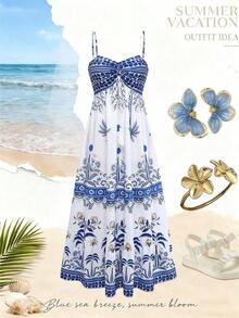 MEXGlowEve Vestido de tirantes finos con estampado y cintura anudada en forma de A para mujer, encantador, sexy y elegante para el uso diario, vacaciones, citas de moda, estilo callejero francés retro y versátil, /verano, nuevo vestido largo sin mangas de tirantes finos en azul y blancoMEX D9YZ - Rojo - Ver 11