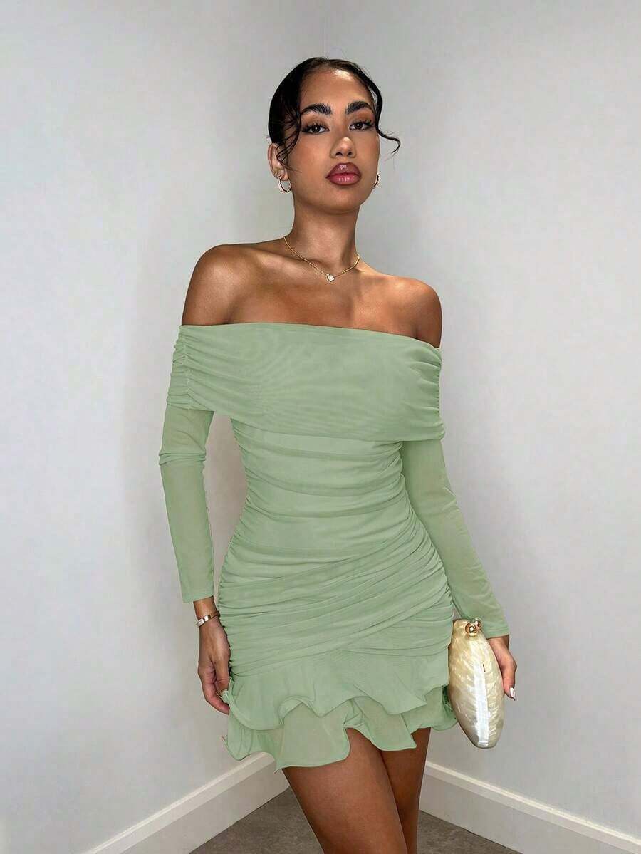 MEXSHEIN Vestido mini elegante y dulce de manga larga con hombros abiertos, tejido de malla de unicolor, con volantes exagerados en el bajo, adecuado para reuniones de té por la tarde, salidas de moda, citas, salidas dulces, salidas nocturnas, fiestas navideñas, Noche Vieja, atuendos de mujer para vacaciones, vestidos de manga larga, atuendos sexys de mujer, atuendos de mujer para clubes, vestidos mini de manga largaMEX CNCK - verde menta - Ver 1