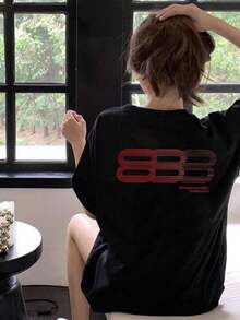[ 100% Cotton ] Recommended New Products For Summer 2026: Lace Logo T-Shirt, Summer Dress, Women's Fashion T-Shirt, Short Sleeve Office Casual 200g Cotton Cartoon Character Printed Loose White Top, Y2K Women's Top, Spring Dress Top - Black - View 1