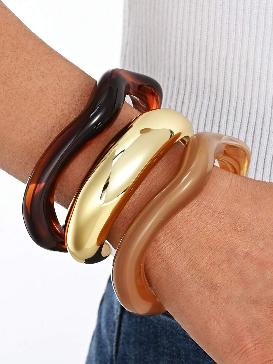 3件套复古简约橙色波浪纹亚克力树脂材质手镯套装,适合女性日常佩戴,可叠戴,是节日送礼的完美之选。 - 彩色 - 查看 1