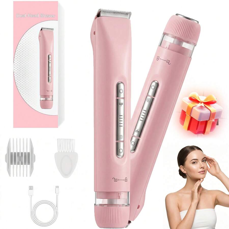 2 In 1 Women Electric Razor & Bikini Trimmer, IPX7 Waterproof Wet Dry Shaver With Ceramic Sharp Blade, USB Rechargeable 400mAh Dual Head Hair Trimmer For Face, Underarm, Leg And Pubic Hair, Portable Personal Groomer, Gift For Men Women,Multiple Color - 淺粉色 - 查看 1