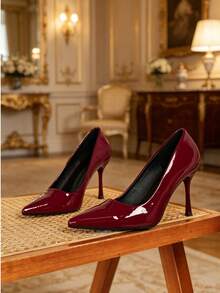 Women's Patent Leather Pointed Toe Stiletto Heels, Elegant High Heel Pumps For Formal Party Wedding Office Work, Daily Wear Dress Shoes For Ladies, Spring Summer Burgundy Red High Heels For Women - 酒紅色 - 查看 3
