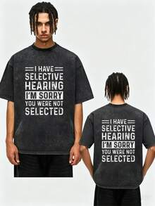 Men's Vintage Acid Wash Cotton T-Shirt With Funny "Selective Hearing" Graphic Print And Sarcastic Slogan, Casual Oversized Style, Gray, Fashionable, Loose Fit, Short Sleeve, For Men And Women - 黑色 - 查看 6