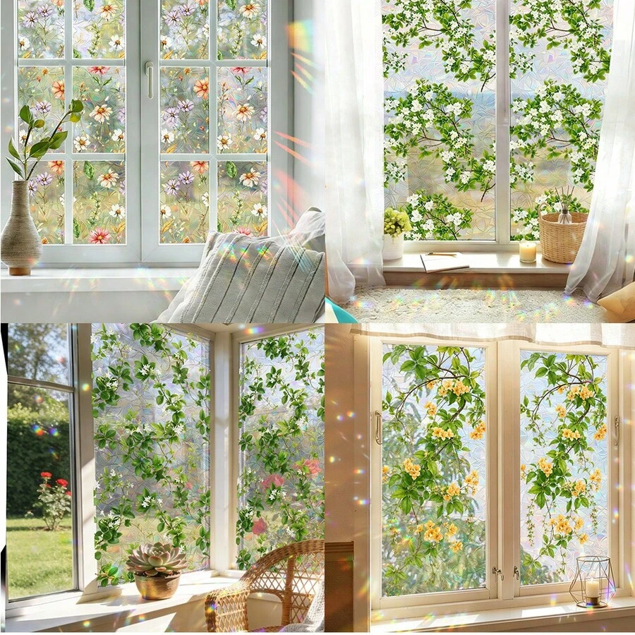 1-Piece Forest Style Static Cling Window Film. Floral Leaf Pattern Stained Glass Sticker. Waterproof Removable Privacy Film, UV Protection Glass Sticker With Rainbow Effect For Bathroom, Kitchen, Living Room, And Bedroom Home Decor. - Multicolor - View 1
