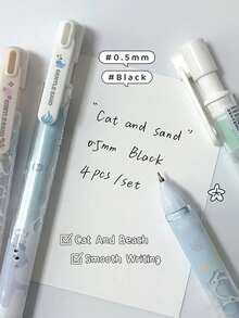 Set de 4 bolígrafos con patrón de gato lindo, color neutro suave arenoso, tinta negra de 0.5mm a base de agua de secado rápido y suave, adecuado para estudiantes, oficina, regalo para niñas, regreso a la escuela - Color aleatorio - Ver 3