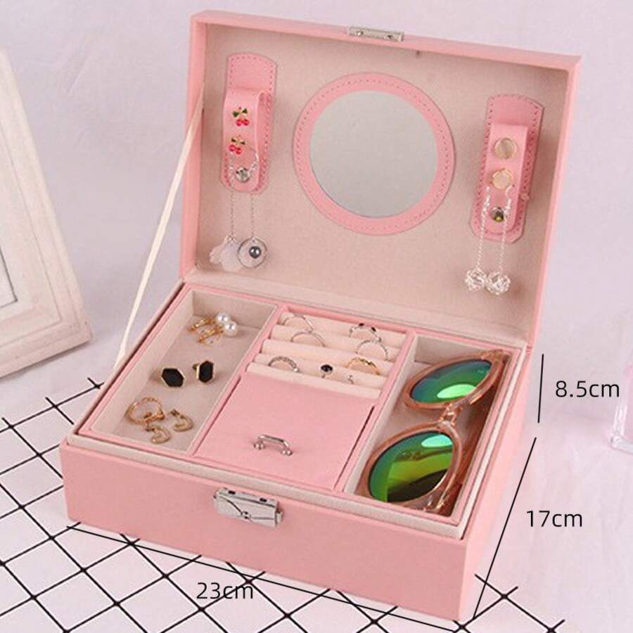 Mehrschichtige Schmuckaufbewahrungsbox, hochwertiger Halsketten-Organizer, luxuriöse Geschenkbox für Zuhause, GroßLeder-Geschenk-Schmuckbox. - Pink - Spiegel - Übersicht 1