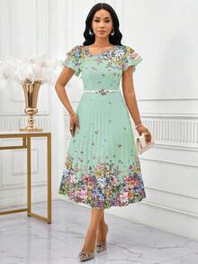xheSHEIN Lady Vestido midi elegante con estampado floral, mangas asimétricas con volantes para mujerxhe - Verde - Ver 2