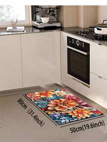 1pc Floral Pattern Non-Slip Oil-Proof Kitchen Mat, Simple Rectangular Waterproof Stain-Resistant Rug, Suitable For Living Room, Bedroom, Hallway, Bathroom And Laundry Room, Polyester Fiber Carpet For Indoor And Outdoor Home Decor - Multicolor - View 16