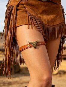 1 pieza Garter de muslo con diseño de calavera de vaca estilo cowgirl occidental, envoltura de pierna de doble capa de cuero sintético marrón, joyería corporal vintage de remaches para mujer - B - Ver 8