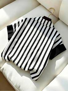 Elegant Commuter Style Striped Contrast Button Design Short Sleeve Blouse For Women, Spring/Summer - Black and White - View 3