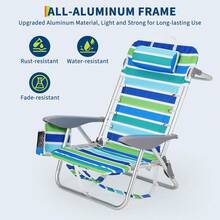 Silla de playa plegable tipo mochila ligera, juego de 2 unidades con 5 posiciones de reclinación, tumbona exterior resistente hasta 300 libras, con portavasos, bolsillo para móvil, soporte para toalla - Verde y azul - Ver 6