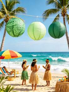 5pcs/Set Hawaiian Summer Beach Party Paper Lantern Set, Tropical Leaf Print Hanging Paper Lantern Decoration, Green Series Round Lanterns, Suitable For Luau Party, Tiki Beach Wedding, Backyard BBQ, Pool Party, Birthday, Indoor/Outdoor Hawaiian Theme Summer Decoration - Multicolor - View 3