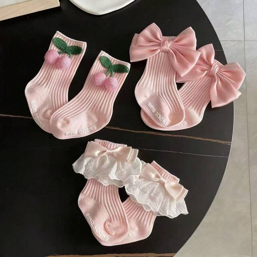 3 Pairs Pink Princess Style Baby Girl Socks, Cute Lace & Bow Decor, Suitable For Daily Wear, Great Gift For Babies - Multicolor - View 1