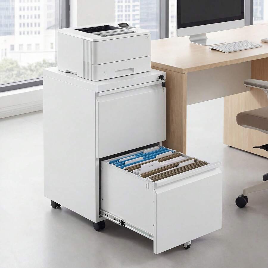 Mobile File Cabinet Under-Desk Office Organizer Printer Standard With 5 Casters And 2 Drawers For A4, Letter & Legal Size Files - White - View 1