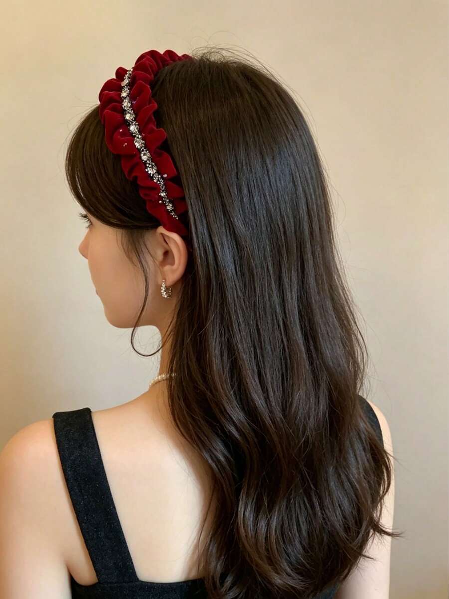 1件女孩用星空水鑽天鵝絨髮帶,冬季高級感髮飾,皺褶髮帶,小黑裙風格髮箍 - 彩色 - 查看 1